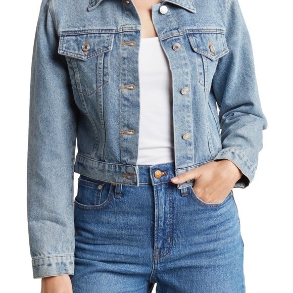 Halogen Size L Women's Faded Denim Jacket Long Sleeve Four Pocket Button Front - Picture 1 of 9